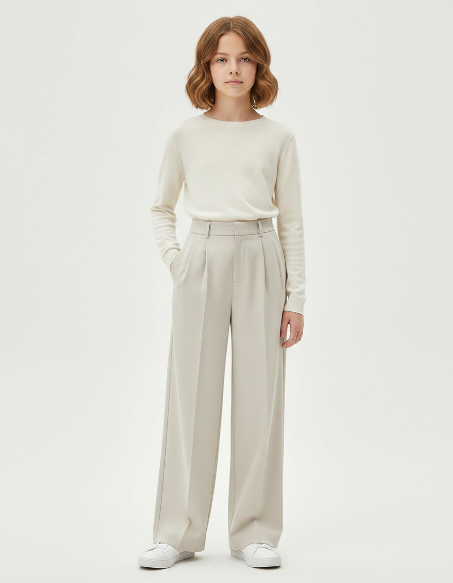 Pantalon À Pince Beige Ample Plissé Décontracté Élégant - Polyester
