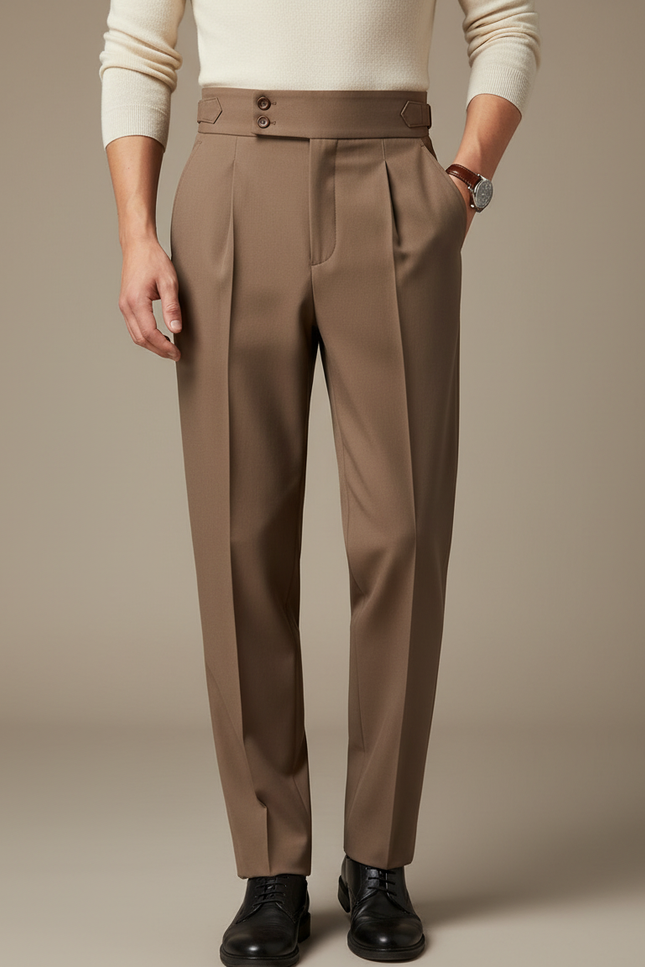 Pantalon À Pince Marron Élégant Plissé Décontracté Homme - Gabardine