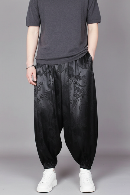 Pantalon À Pince Noir Satin Dragon Ample Décontracté