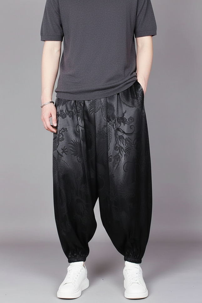 Pantalon À Pince Noir Satin Dragon Ample Décontracté