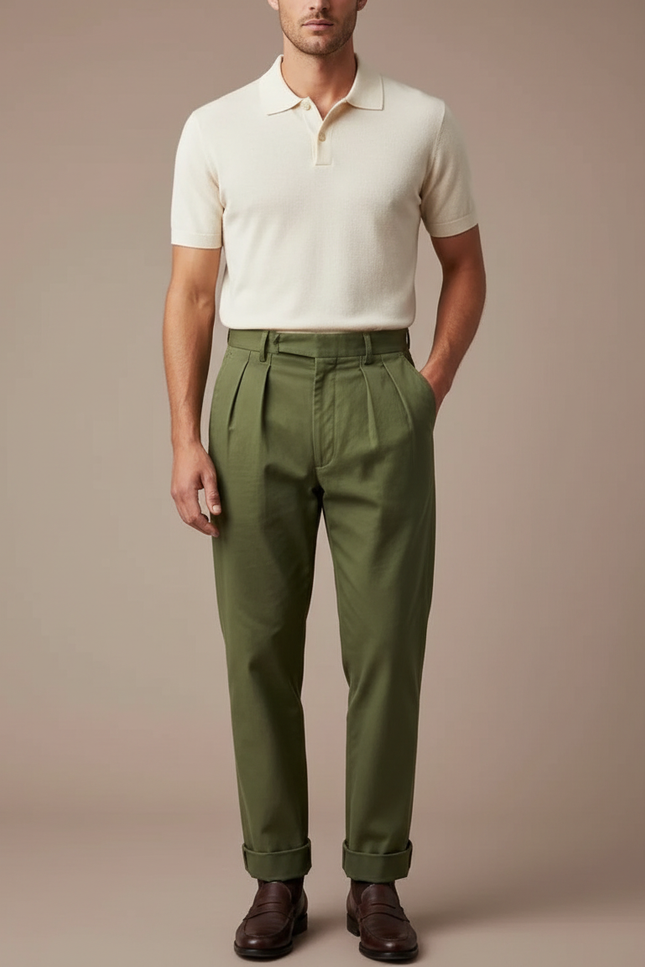 Pantalon À Pince Kaki Coton Plissé Décontracté Ajustable