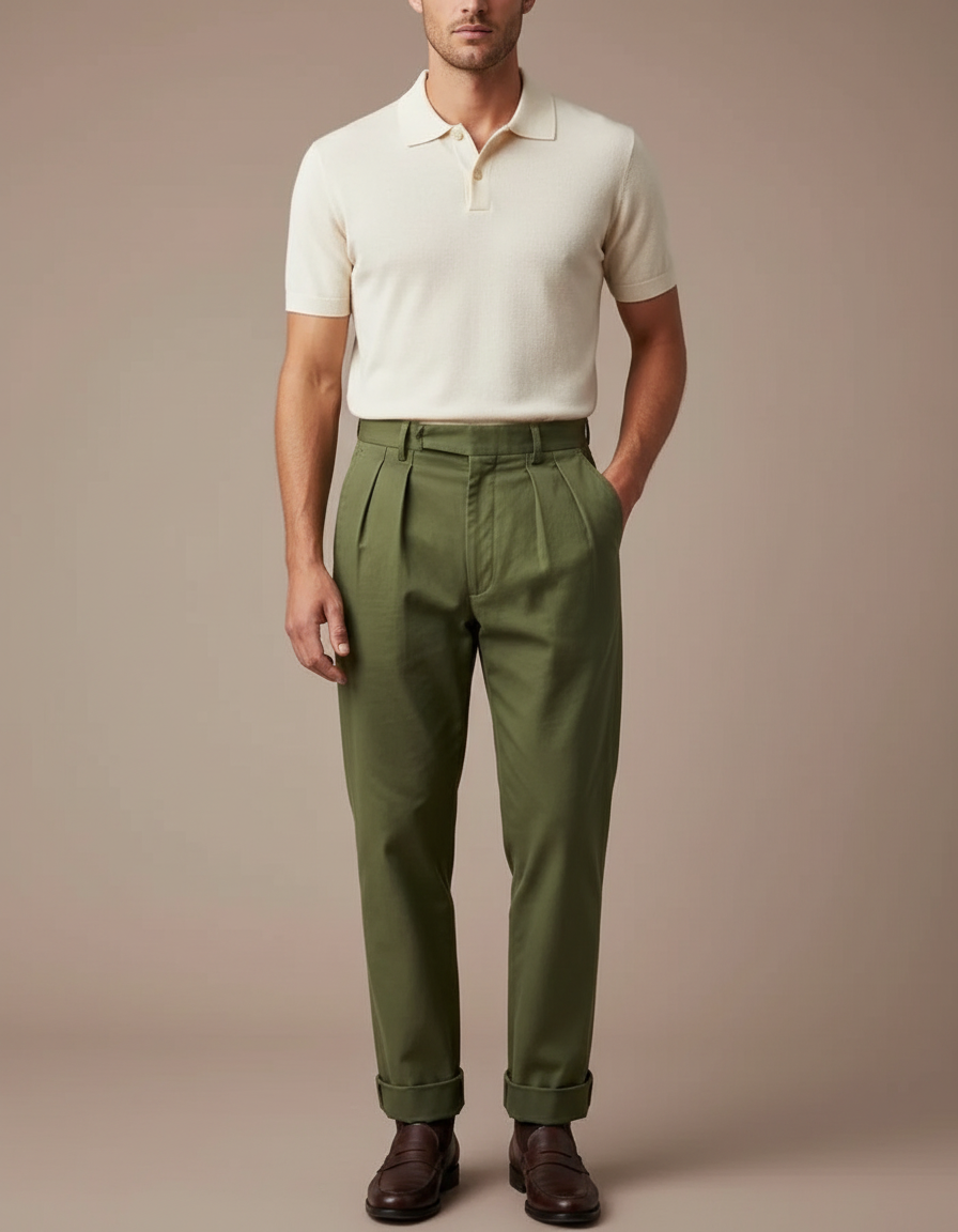 Pantalon À Pince Kaki Coton Plissé Décontracté Ajustable