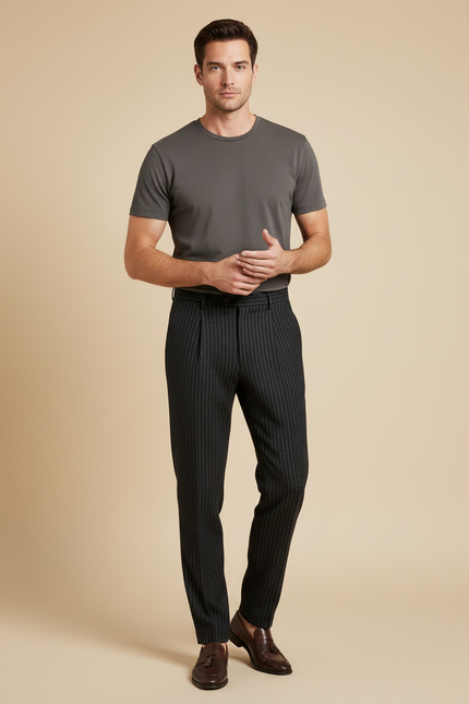 Pantalon À Pince Gris Anthracite Rayé Laine Plissé Homme