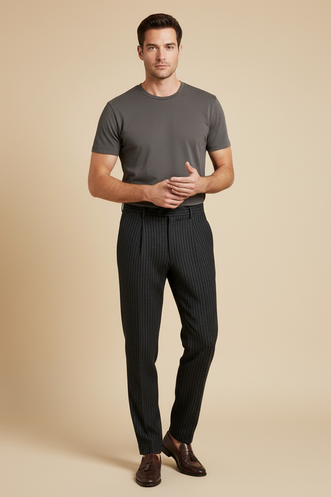Pantalon À Pince Gris Anthracite Rayé Laine Plissé Homme