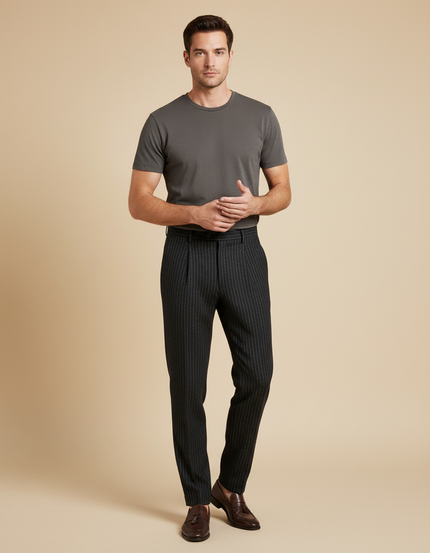 Pantalon À Pince Gris Anthracite Rayé Laine Plissé Homme