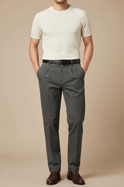 Pantalon À Pince Gris Coton Plissé Droit Élégant