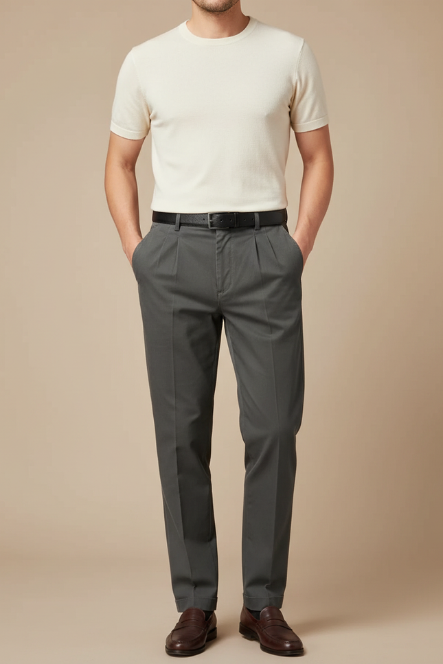 Pantalon À Pince Gris Coton Plissé Droit Élégant