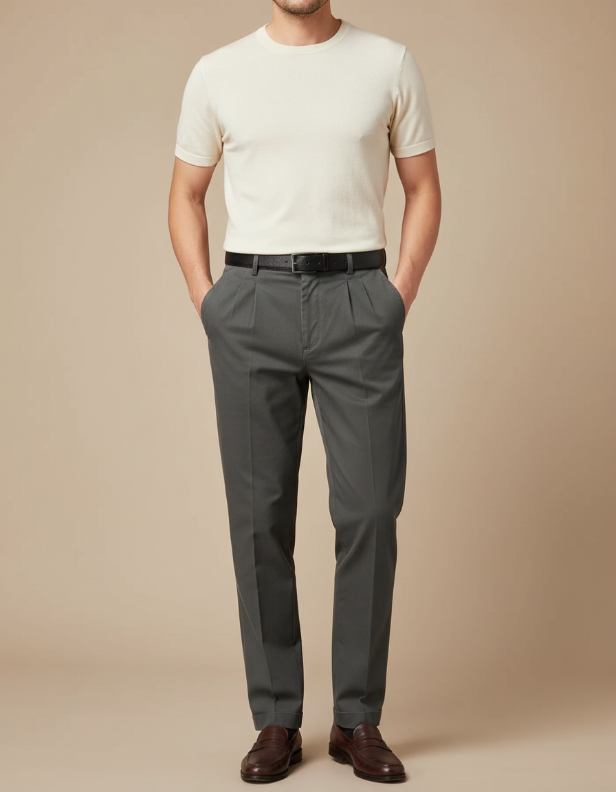 Pantalon À Pince Gris Coton Plissé Droit Élégant