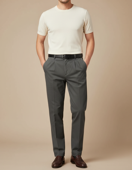 Pantalon À Pince Gris Coton Plissé Droit Élégant