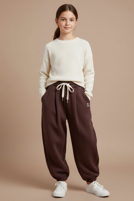 Pantalon À Pince Marron Molleton Ample Confortable Fille