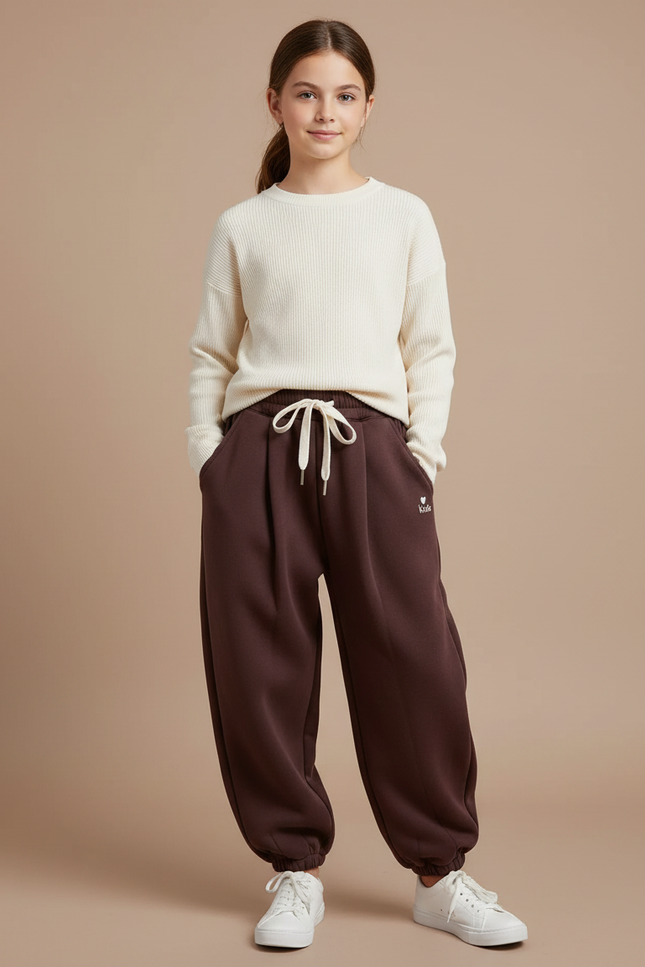Pantalon À Pince Marron Molleton Ample Confortable Fille