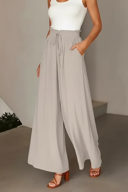 Pantalon À Pince Fluide Gris Clair Taille Haute Femme - Polyester