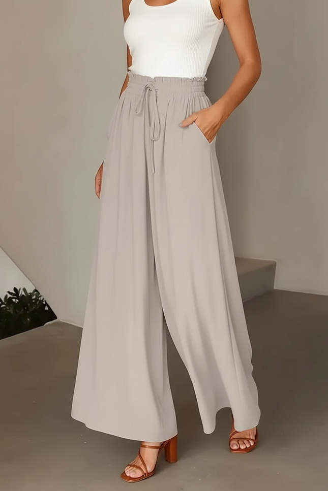 Pantalon À Pince Fluide Gris Clair Taille Haute Femme - Polyester