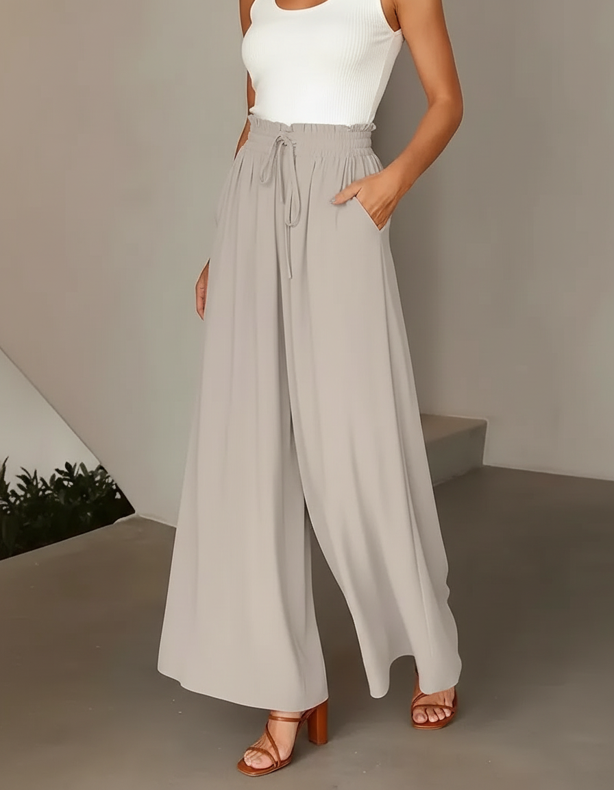Pantalon À Pince Fluide Gris Clair Taille Haute Femme - Polyester