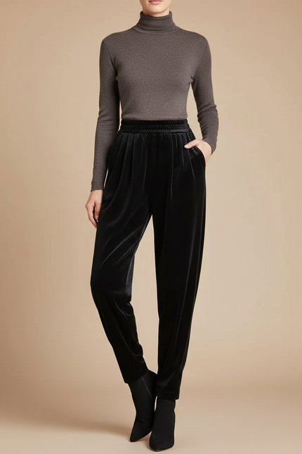 Pantalon À Pince Noir Velours Ample Décontracté Femme