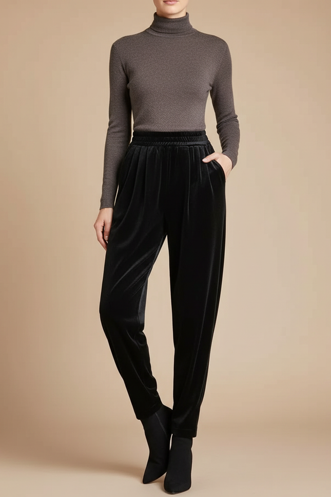 Pantalon À Pince Noir Velours Ample Décontracté Femme