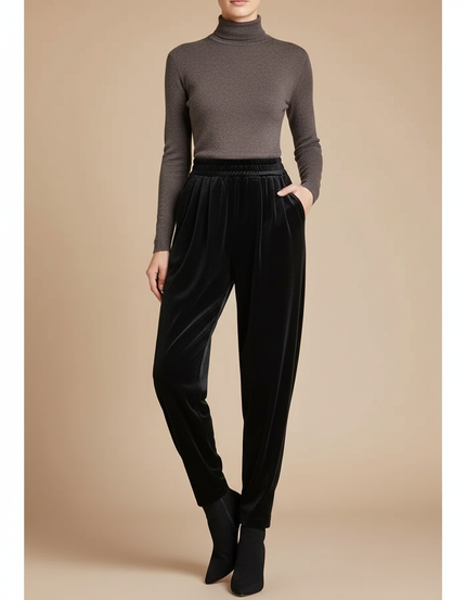 Pantalon À Pince Noir Velours Ample Décontracté Femme