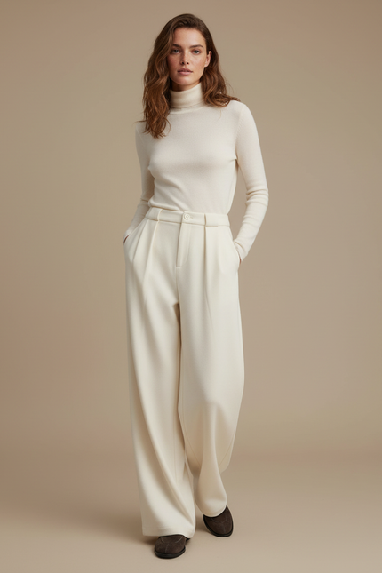 Pantalon À Pince Crème Ample Plissé Élégant - Beige Laine