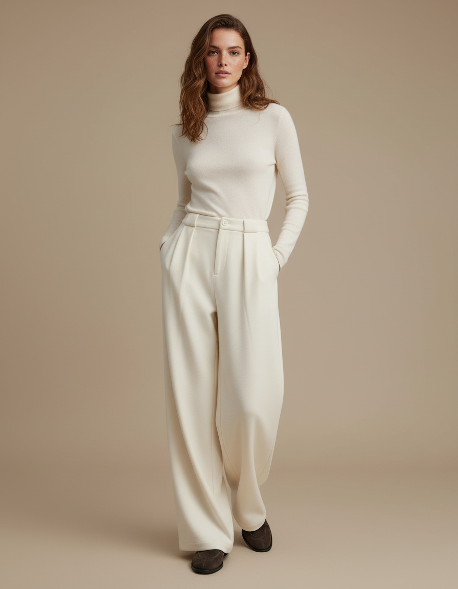 Pantalon À Pince Crème Ample Plissé Élégant - Beige Laine