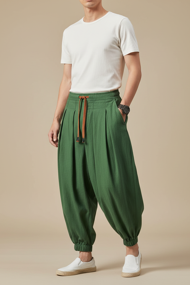 Pantalon À Pince Vert Ample Coton Décontracté Homme