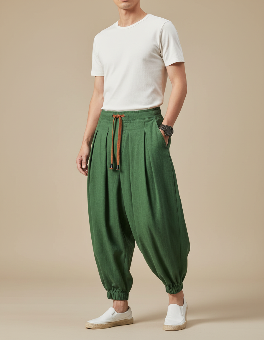 Pantalon À Pince Vert Ample Coton Décontracté Homme
