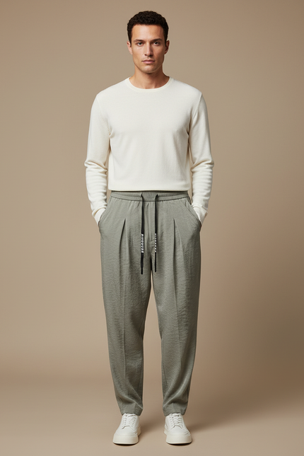 Pantalon À Pince Kaki Plissé Décontracté Homme Fluide - Viscose