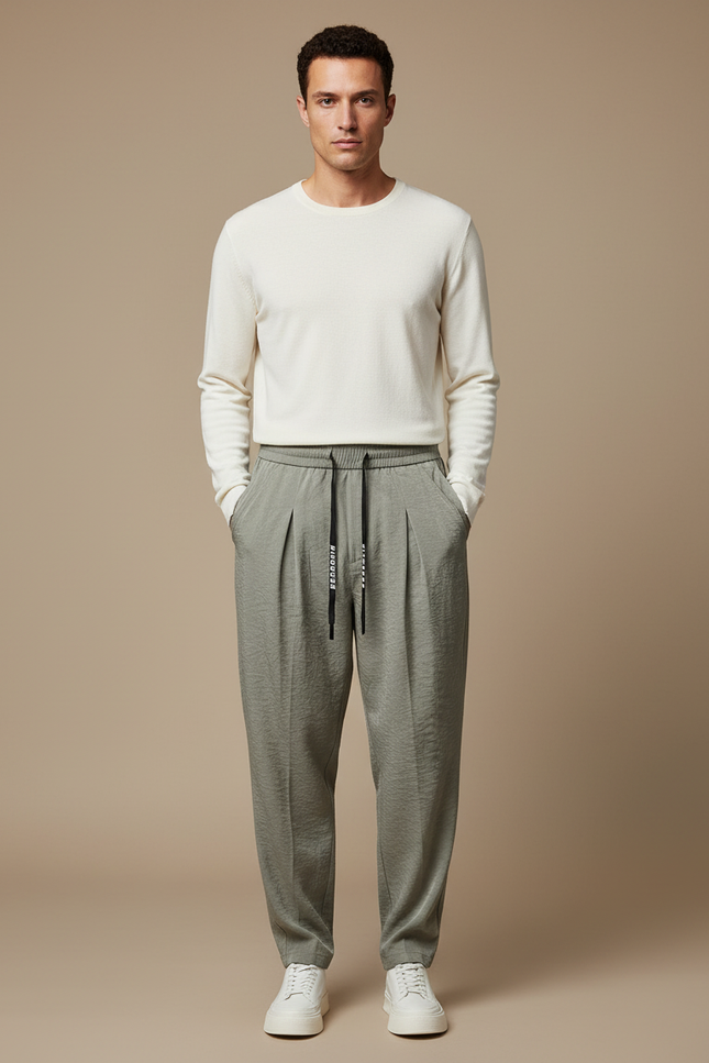 Pantalon À Pince Kaki Plissé Décontracté Homme Fluide - Viscose