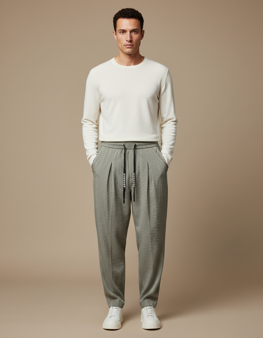 Pantalon À Pince Kaki Plissé Décontracté Homme Fluide - Viscose