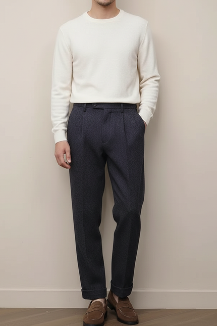 Pantalon À Pince Gris Foncé Laine Plissé Élégant