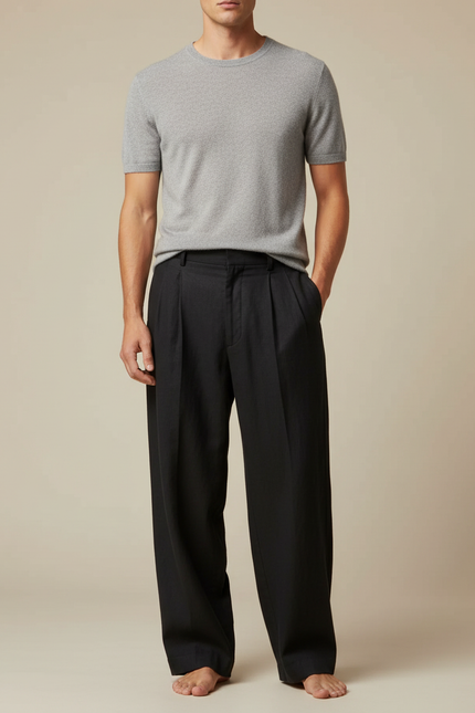 Pantalon À Pince Noir Taille Haute - Lin