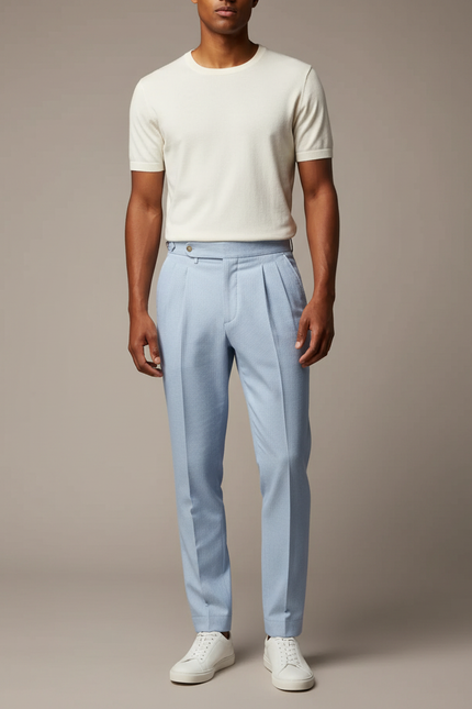 Pantalon À Pince Bleu Clair Plissé Rayé Homme Élégant - Gabardine