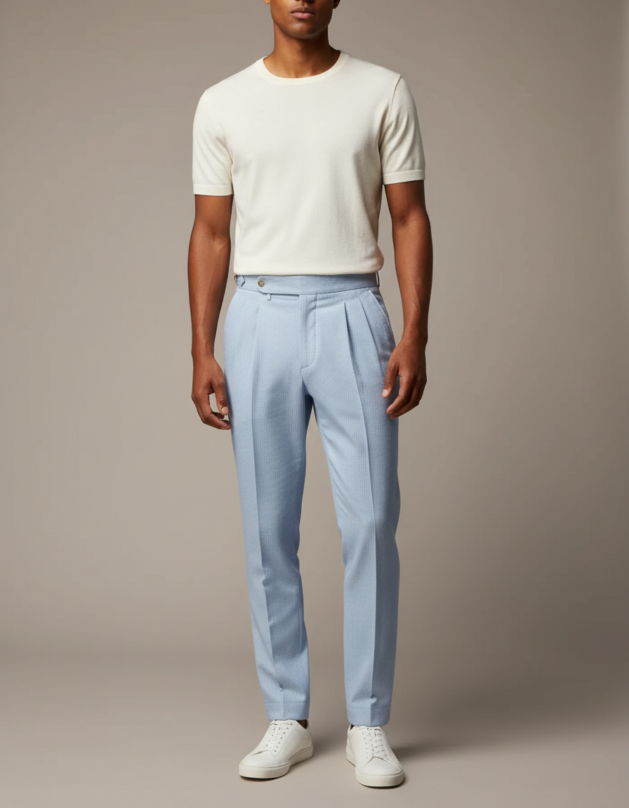 Pantalon À Pince Bleu Clair Plissé Rayé Homme Élégant - Gabardine