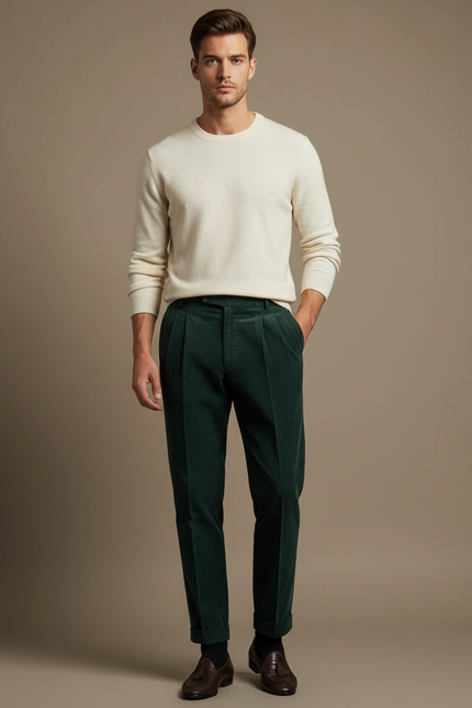 Pantalon À Pince Vert Côtelé Plissé Homme Élégant - Cordé