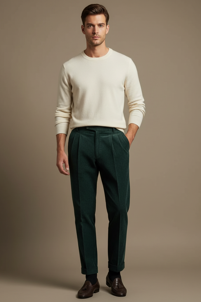 Pantalon À Pince Vert Côtelé Plissé Homme Élégant - Cordé