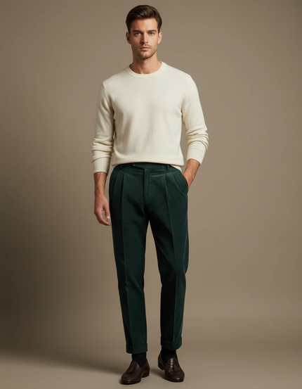 Pantalon À Pince Vert Côtelé Plissé Homme Élégant - Cordé