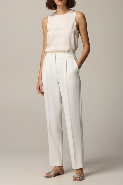 Pantalon À Pince Blanc Droit Fluide Élégant Femme - Polyester