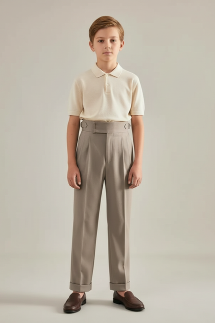 Pantalon À Pince Gris Plissé Droit Élégant Garçon - Gabardine