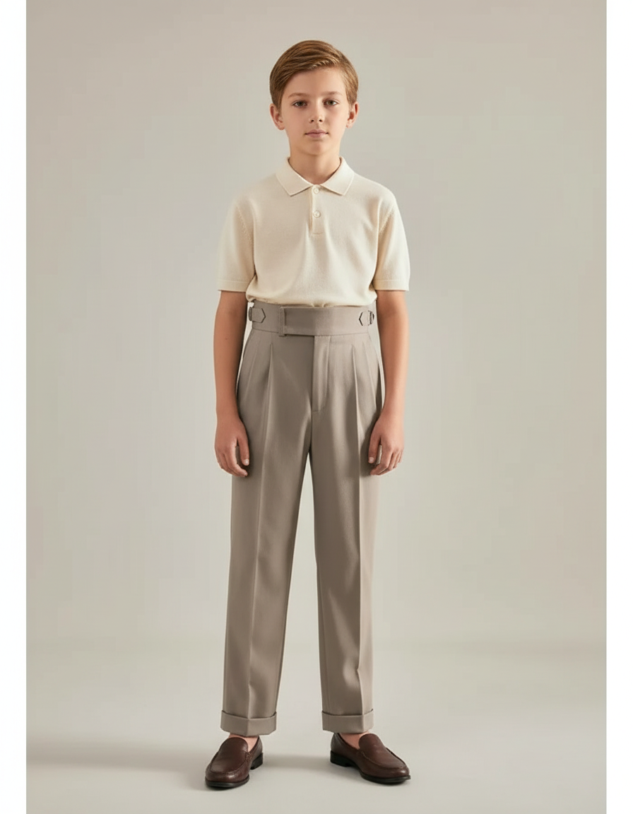 Pantalon À Pince Gris Plissé Droit Élégant Garçon - Gabardine