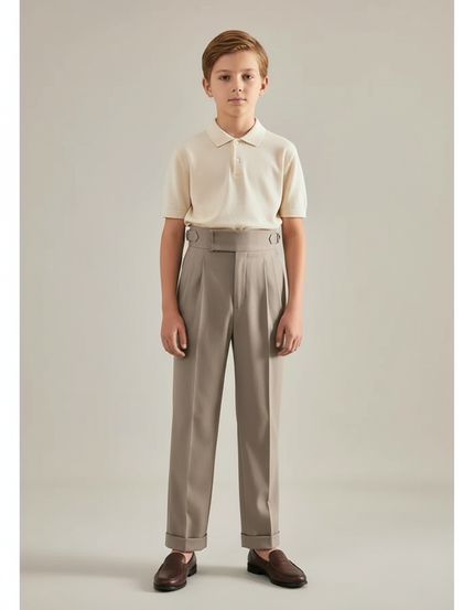 Pantalon À Pince Gris Plissé Droit Élégant Garçon - Gabardine