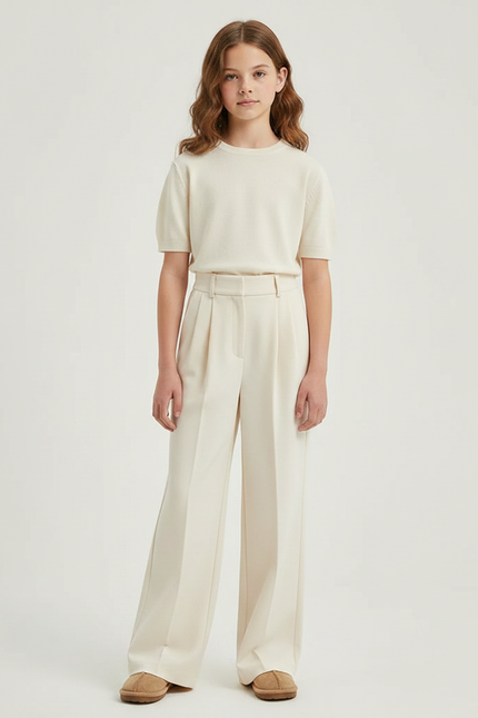 Pantalon À Pince Blanc Cassé Plissé Droit Élégant Fille - Beige Gabardine