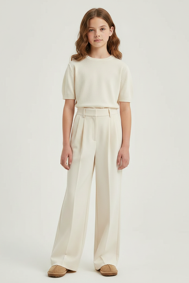 Pantalon À Pince Blanc Cassé Plissé Droit Élégant Fille - Beige Gabardine