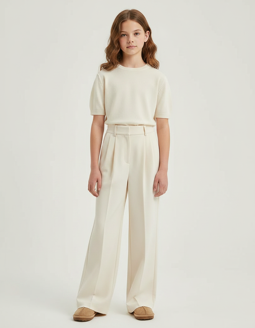 Pantalon À Pince Blanc Cassé Plissé Droit Élégant Fille - Beige Gabardine