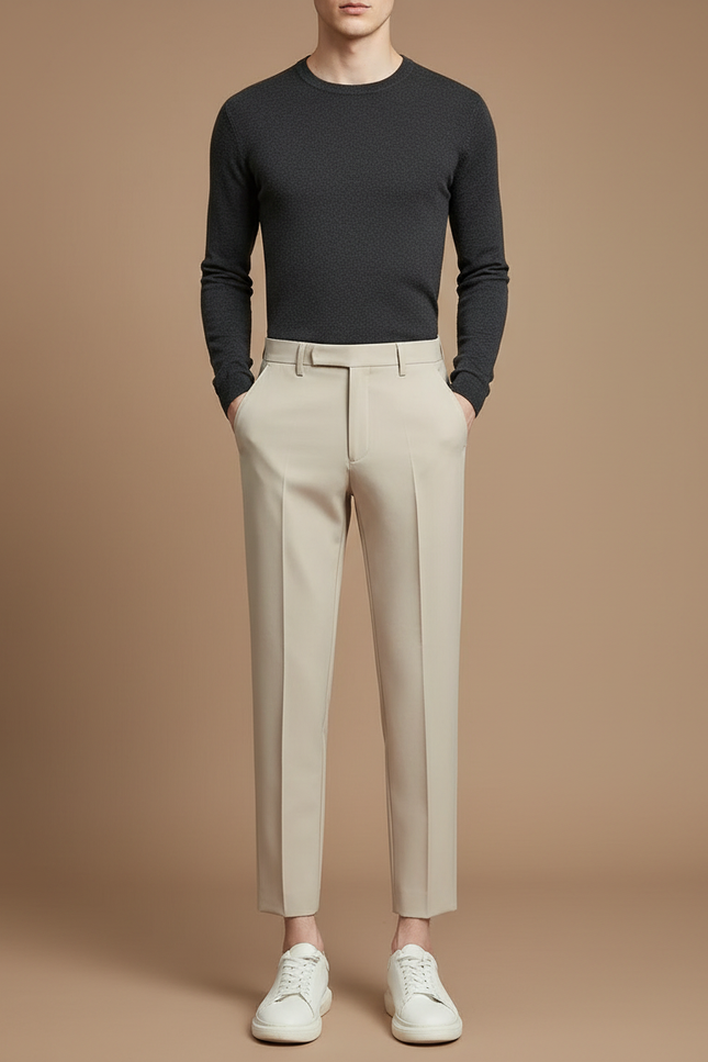 Pantalon À Pince Beige Slim Cropped Plissé Homme - Gabardine