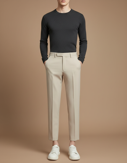 Pantalon À Pince Beige Slim Cropped Plissé Homme - Gabardine