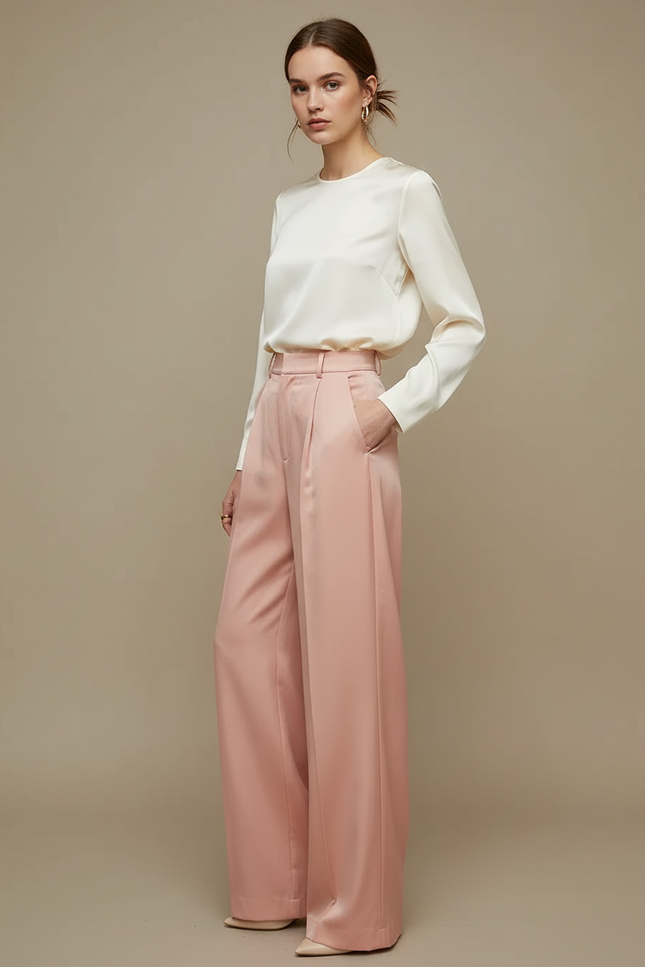 Pantalon À Pince Rose Satiné Ample Fluide Taille Haute