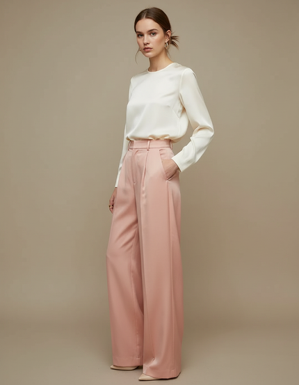 Pantalon À Pince Rose Satiné Ample Fluide Taille Haute
