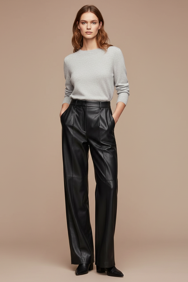 Pantalon À Pince Noir Cuir Ample Droit Femme