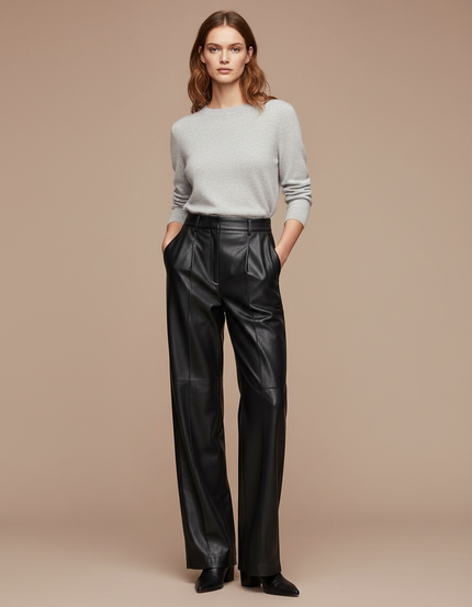 Pantalon À Pince Noir Cuir Ample Droit Femme