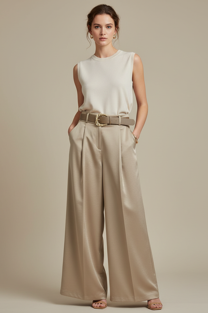 Pantalon À Pince Satiné Beige Plissé Fluide Élégant