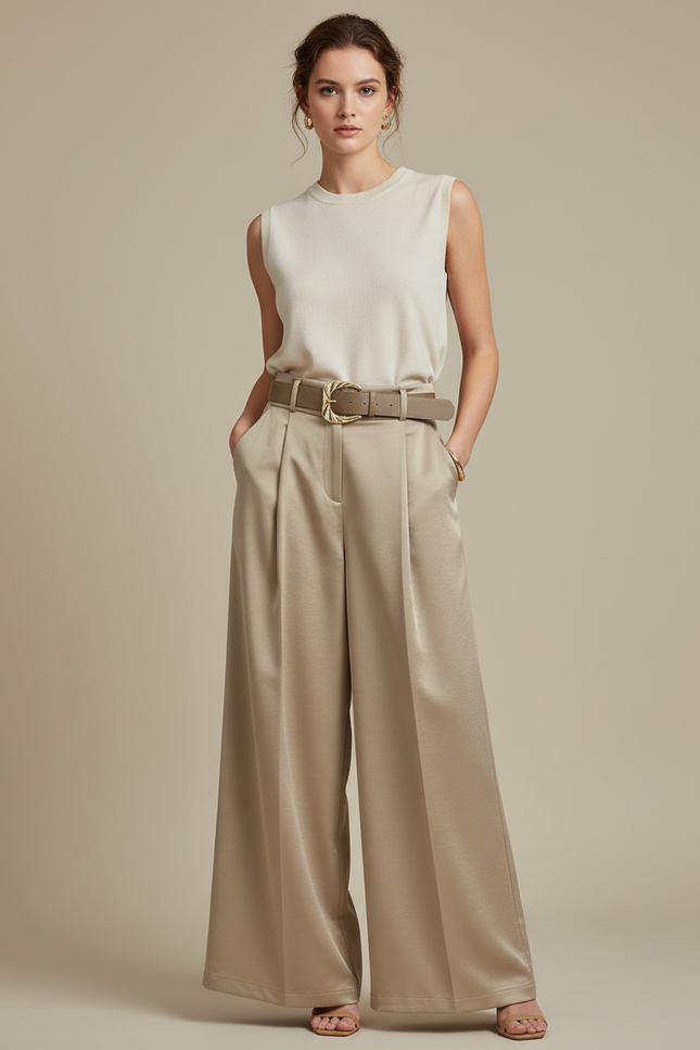 Pantalon À Pince Satiné Beige Plissé Fluide Élégant